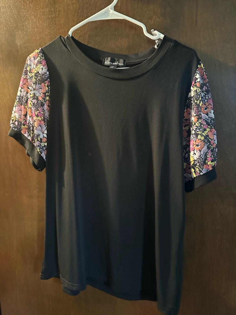 New York & Company Black Tee with Floral Puff Sleeves